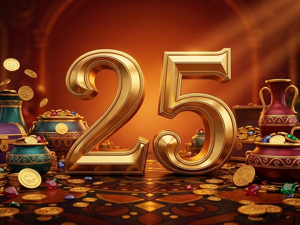 Glossy gold numerals against warm orange radial backdrop